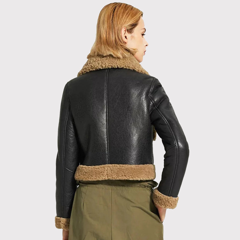 Stylish Women's Black Leather Jacket with Brown Shearling Collar - AMSEL LEATHERS