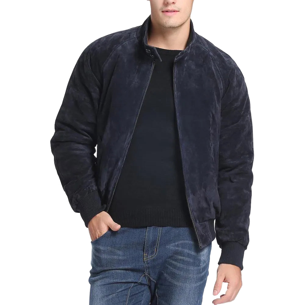 men's navy blue lambskin suede jacket soren front view