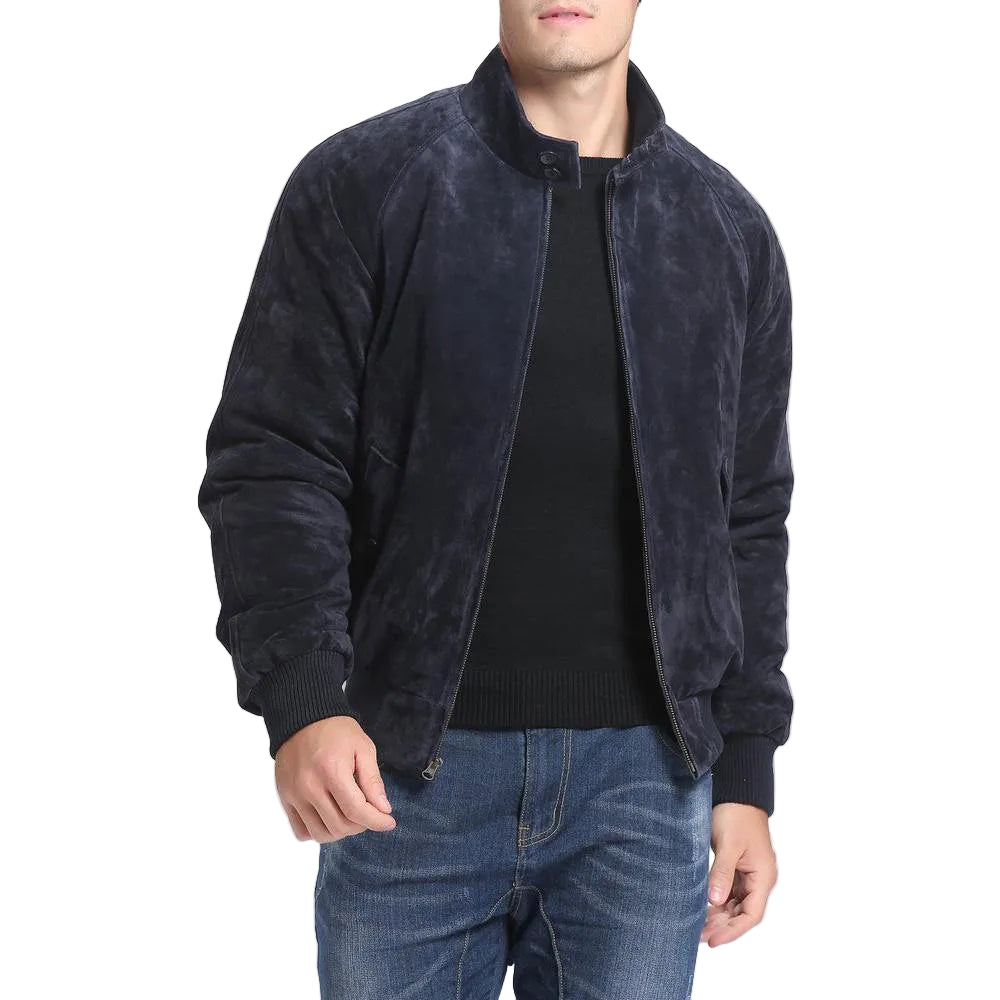 men's navy blue lambskin suede jacket soren side angle