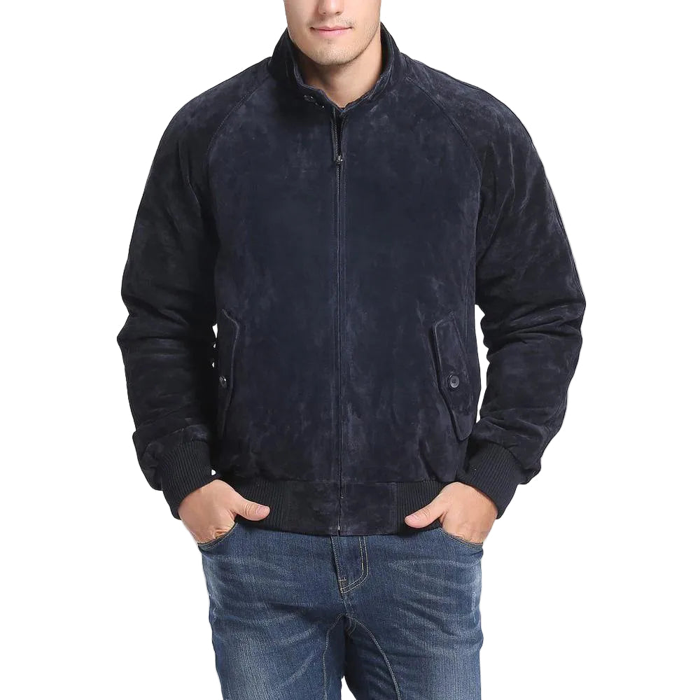 men's navy blue lambskin suede jacket soren back view