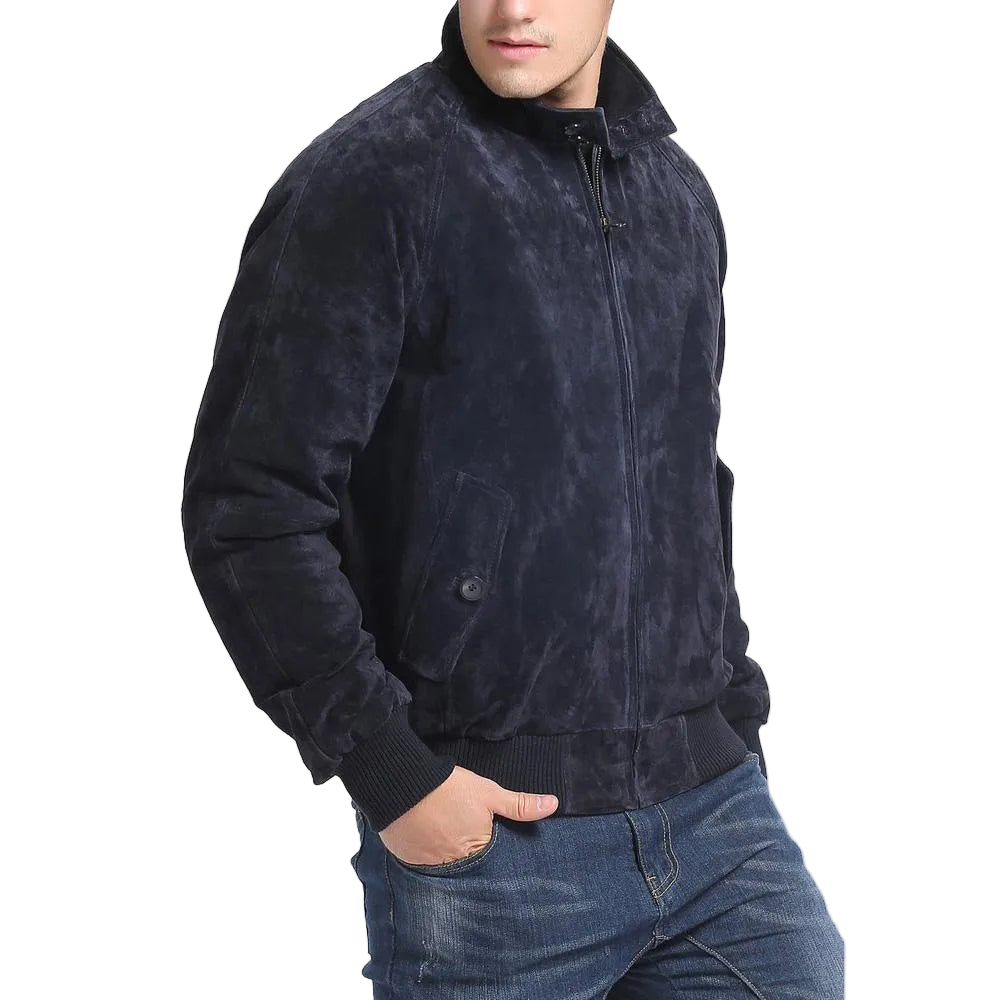 men's navy blue lambskin suede jacket soren detail close up