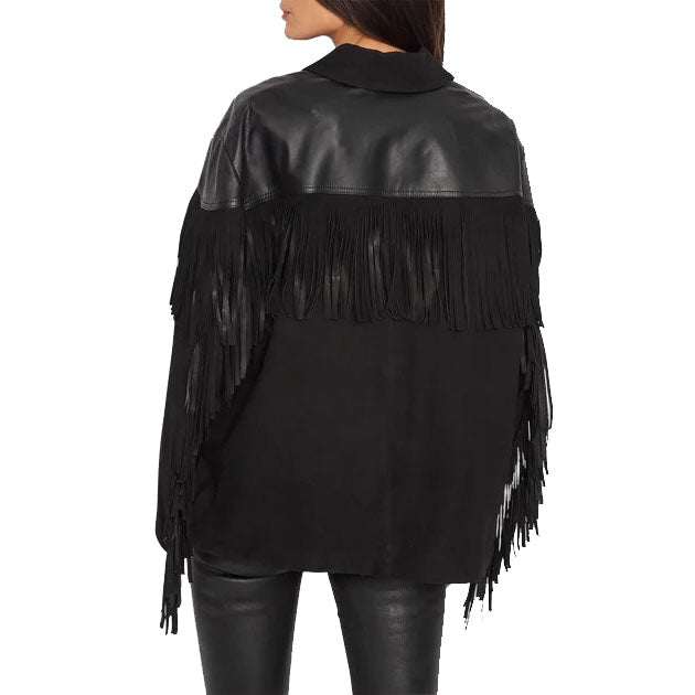 Suede Fringe Jacket with Genuine Leather Shoulder - Western Cowgirl Shirt Jacket - AMSEL LEATHERS