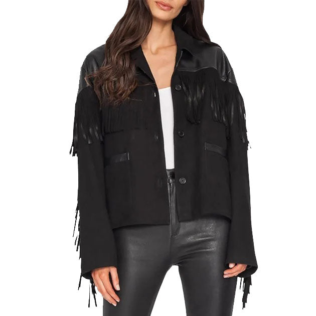 Suede Fringe Jacket with Genuine Leather Shoulder - Western Cowgirl Shirt Jacket - AMSEL LEATHERS