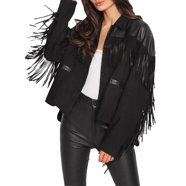 Suede Fringe Jacket with Genuine Leather Shoulder - Western Cowgirl Shirt Jacket - AMSEL LEATHERS