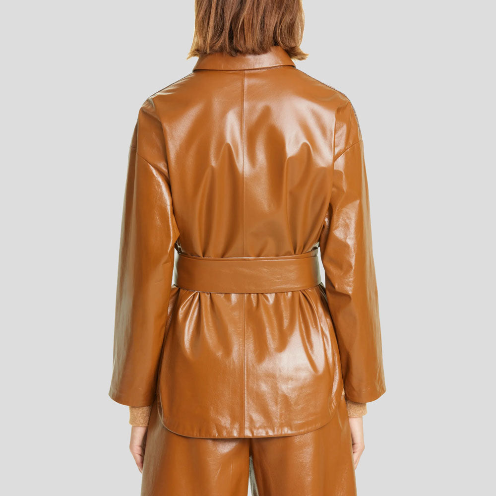 Tan Brown Belted Leather Shirt Jacket for Women - AMSEL LEATHERS