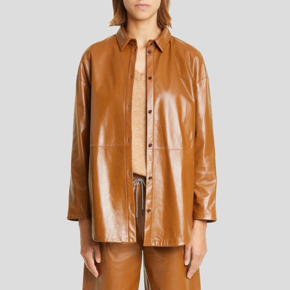 Tan Brown Belted Leather Shirt Jacket for Women - AMSEL LEATHERS