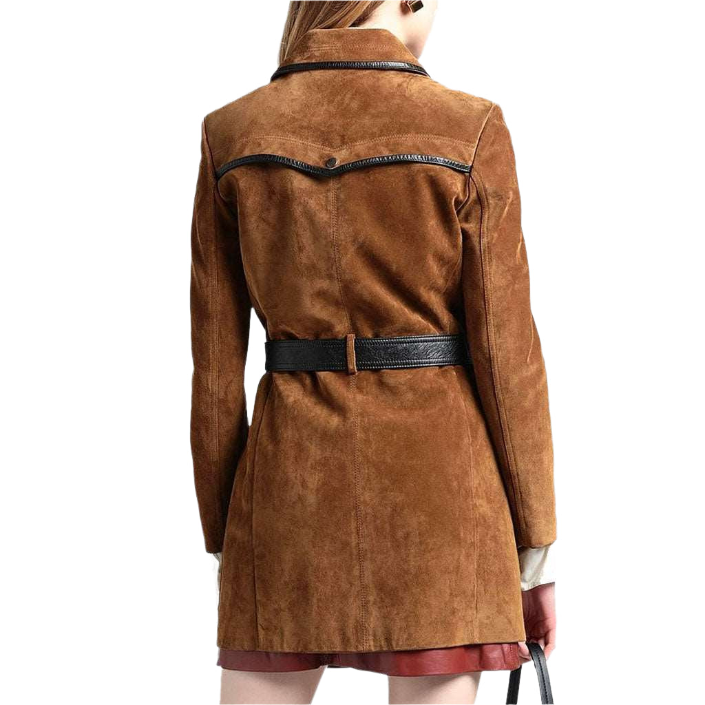 Elegant Tan Brown Suede Leather Women's Coat - AMSEL LEATHERS