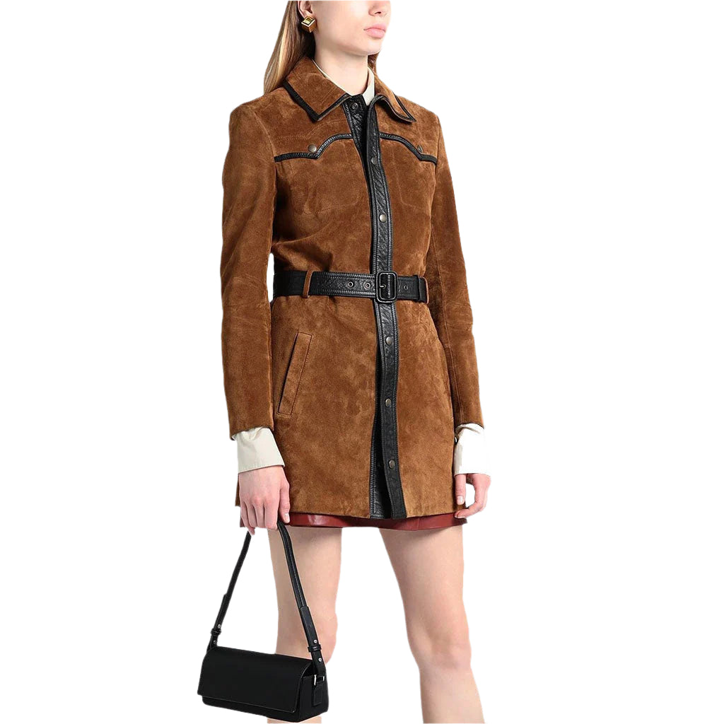 Elegant Tan Brown Suede Leather Women's Coat - AMSEL LEATHERS