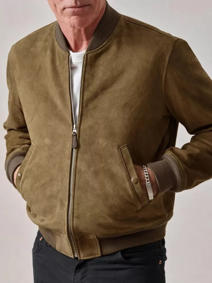 Men’s Genuine Tan Suede Leather Bomber Biker Jacket - Slim Fit - AMSEL LEATHERS