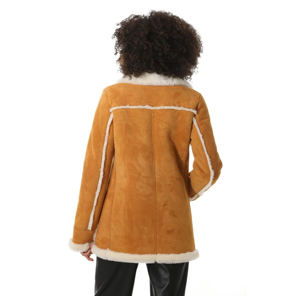 Women's Tan Suede Shearling Coat with White Fur - AMSEL LEATHERS