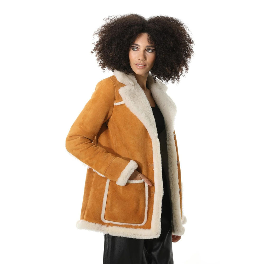 Women's Tan Suede Shearling Coat with White Fur - AMSEL LEATHERS