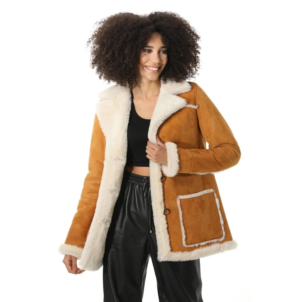 Women's Tan Suede Shearling Coat with White Fur - AMSEL LEATHERS