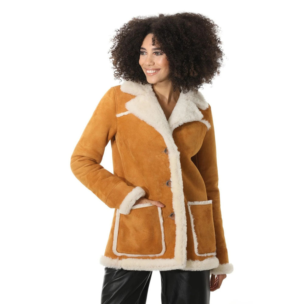 Women's Tan Suede Shearling Coat with White Fur - AMSEL LEATHERS