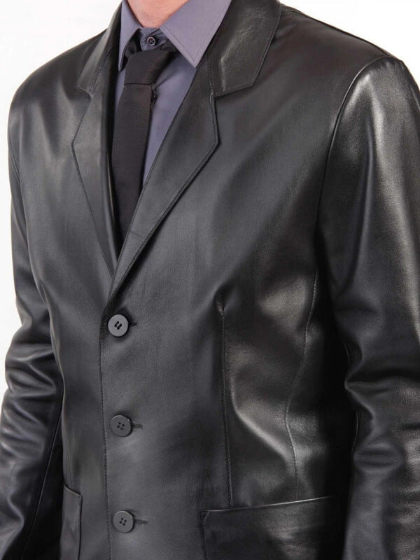 Three-Button Blazer Style Black Leather Coat for Men - AMSEL LEATHERS