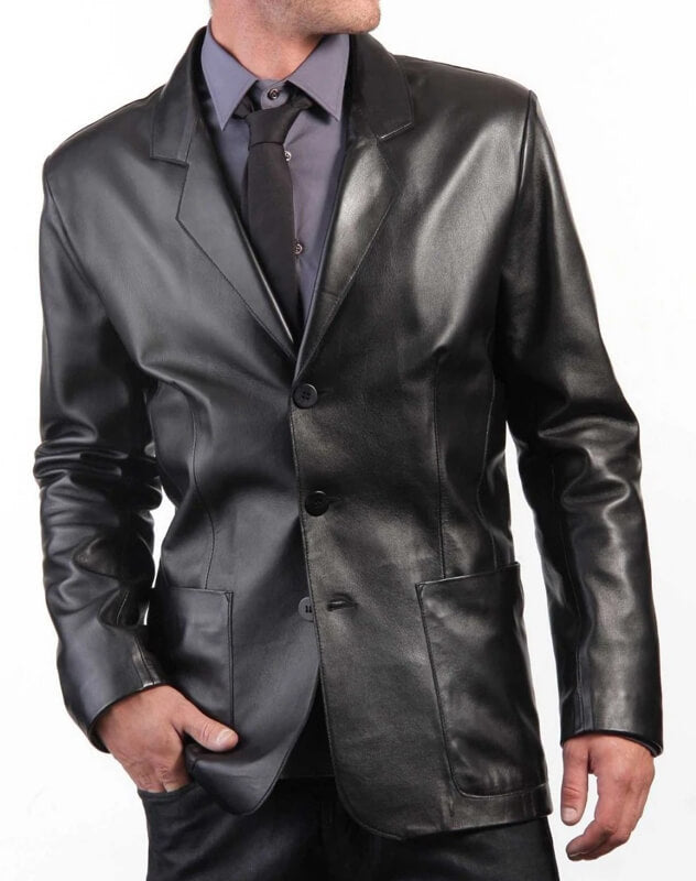 Three-Button Blazer Style Black Leather Coat for Men - AMSEL LEATHERS