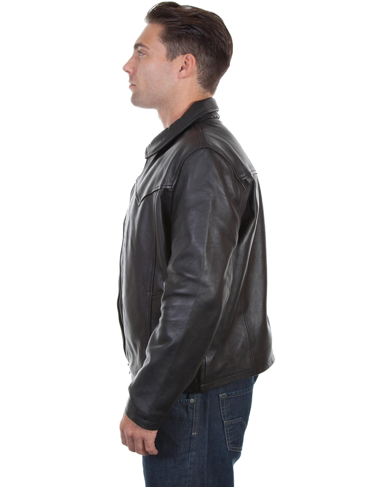 men’s black cowhide leather biker jacket back view
