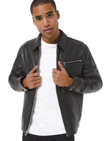 • mens leather jacket zip front shirt style detail
