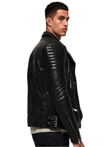 men’s black cowhide leather biker jacket detail view