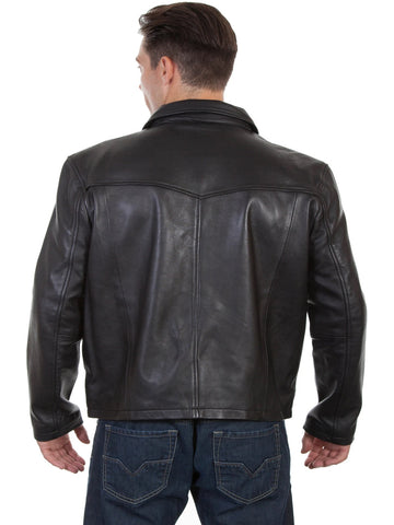 men’s black cowhide leather biker jacket detail view