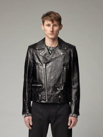 men's black leather biker jacket lorcan texture detail