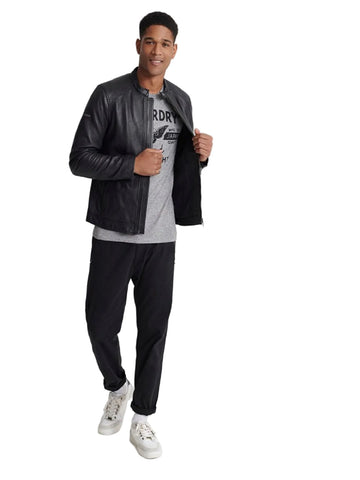 men's black leather biker jacket evren texture detail