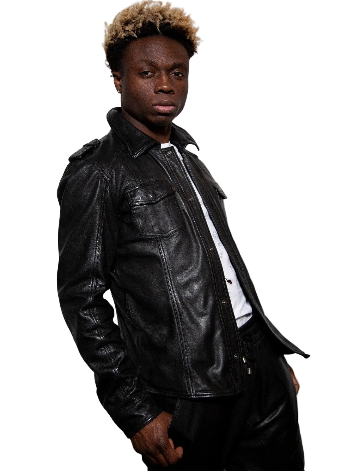 men's black leather shirt orion detail close up