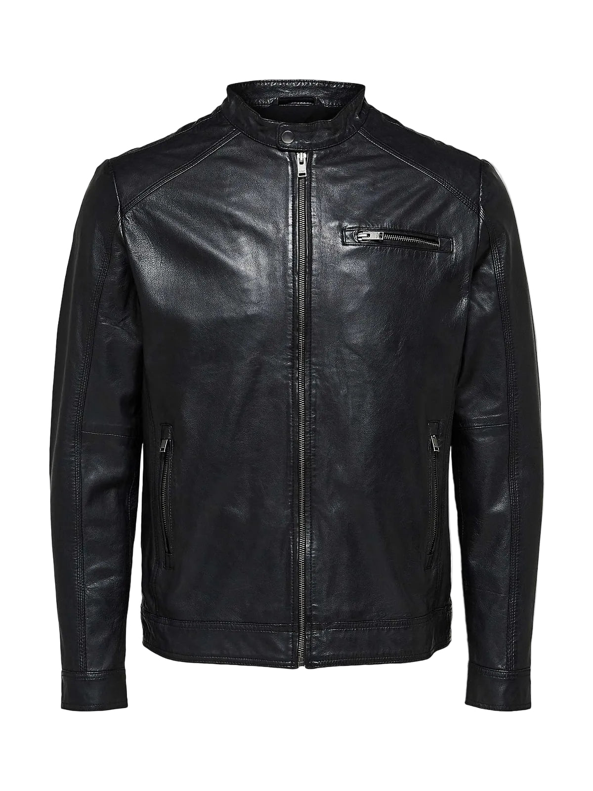 men's black leather biker jacket atlas texture detail