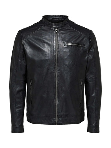 men's black leather biker jacket atlas texture detail