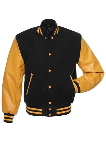 • varsity jacket wool body leather sleeve close up
