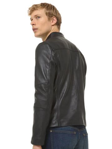 • mens black leather jacket open cuffs detail
