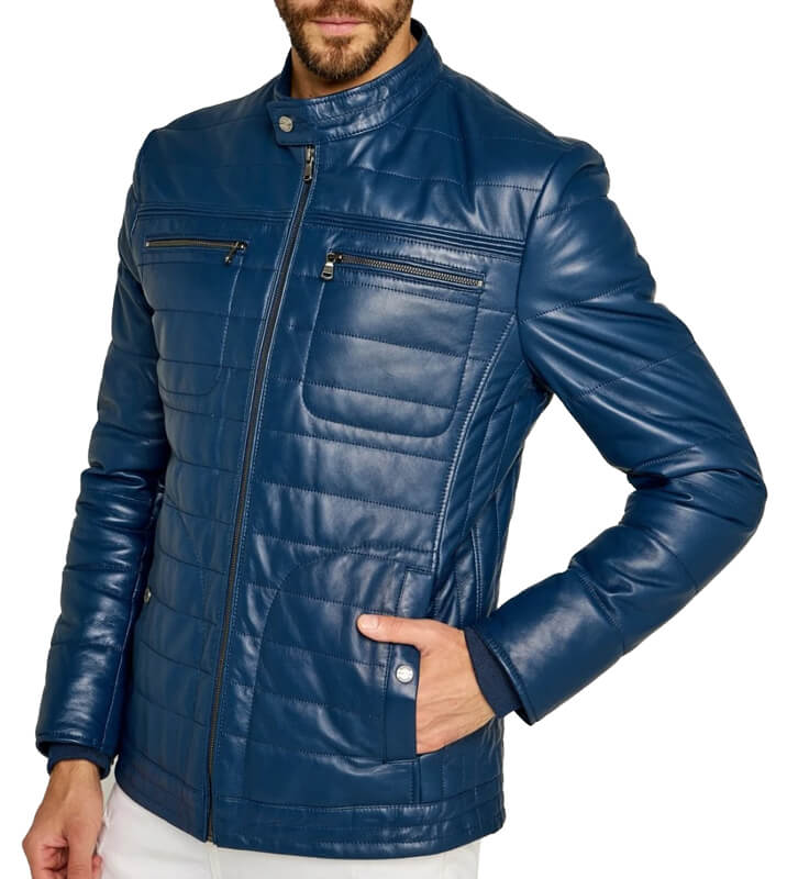 Trendy Men's Blue Leather Jacket with Striped Stitching - AMSEL LEATHERS