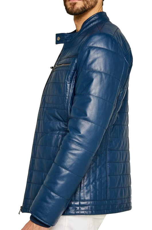 Trendy Men's Blue Leather Jacket with Striped Stitching - AMSEL LEATHERS