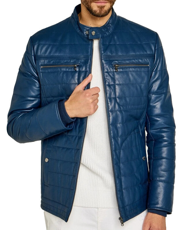 Trendy Men's Blue Leather Jacket with Striped Stitching - AMSEL LEATHERS