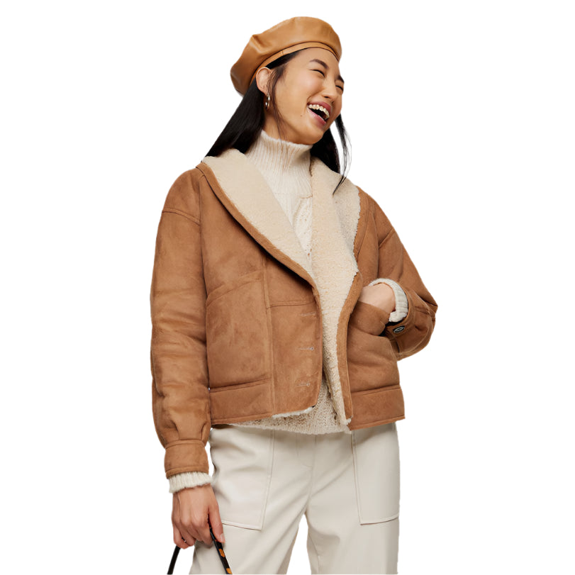 Trendy Nutty Brown Faux Shearling Leather Jacket - AMSEL LEATHERS