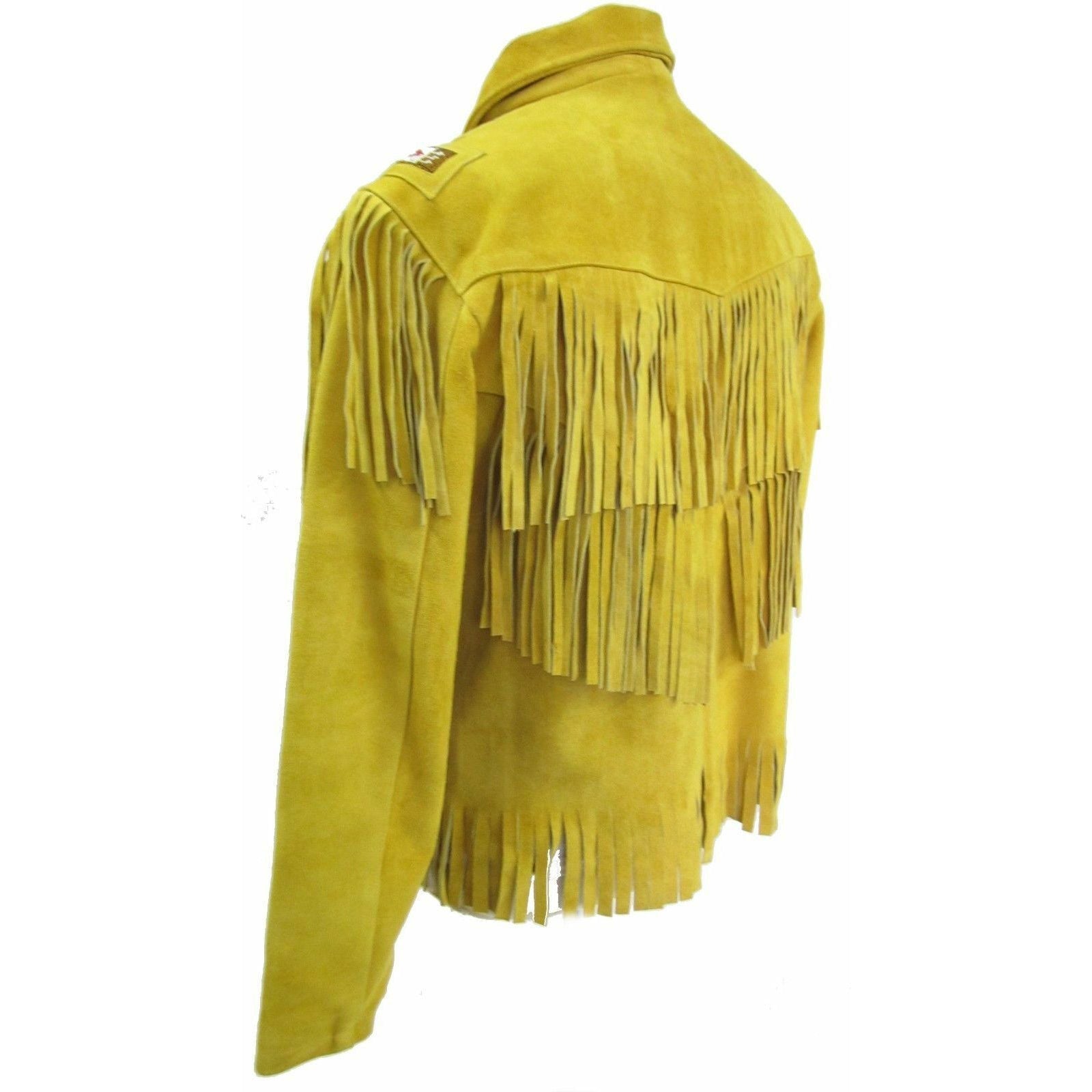 Unisex Yellow Suede Leather Jacket - Vintage Cow-boy Fringes & Beads Coat - AMSEL LEATHERS