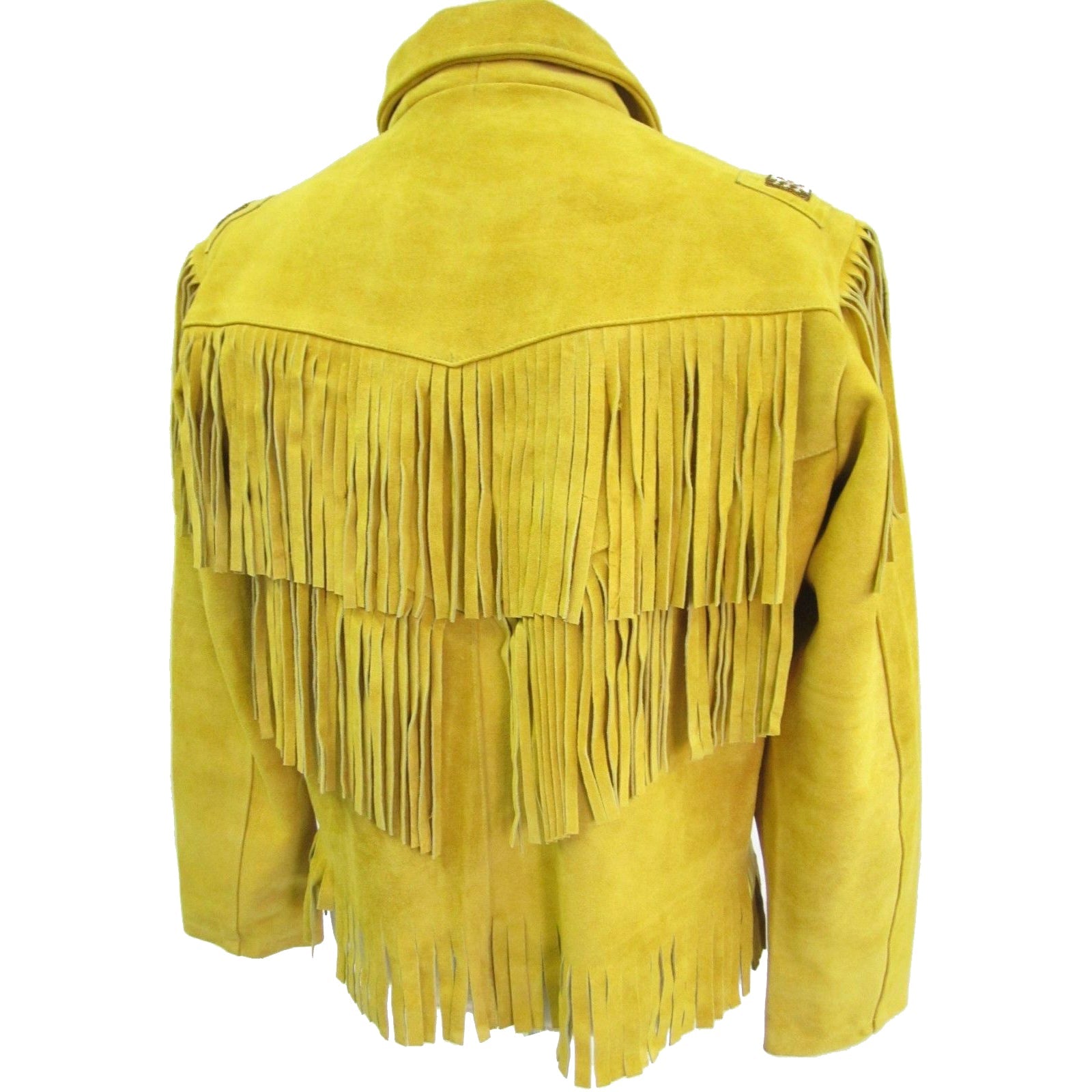 Unisex Yellow Suede Leather Jacket - Vintage Cow-boy Fringes & Beads Coat - AMSEL LEATHERS