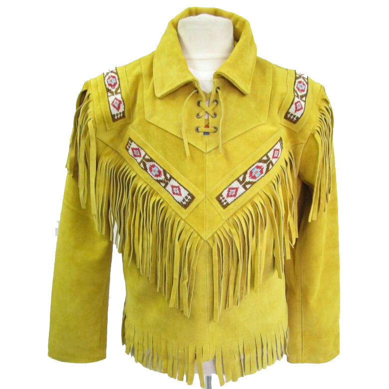 Unisex Yellow Suede Leather Jacket - Vintage Cow-boy Fringes & Beads Coat - AMSEL LEATHERS