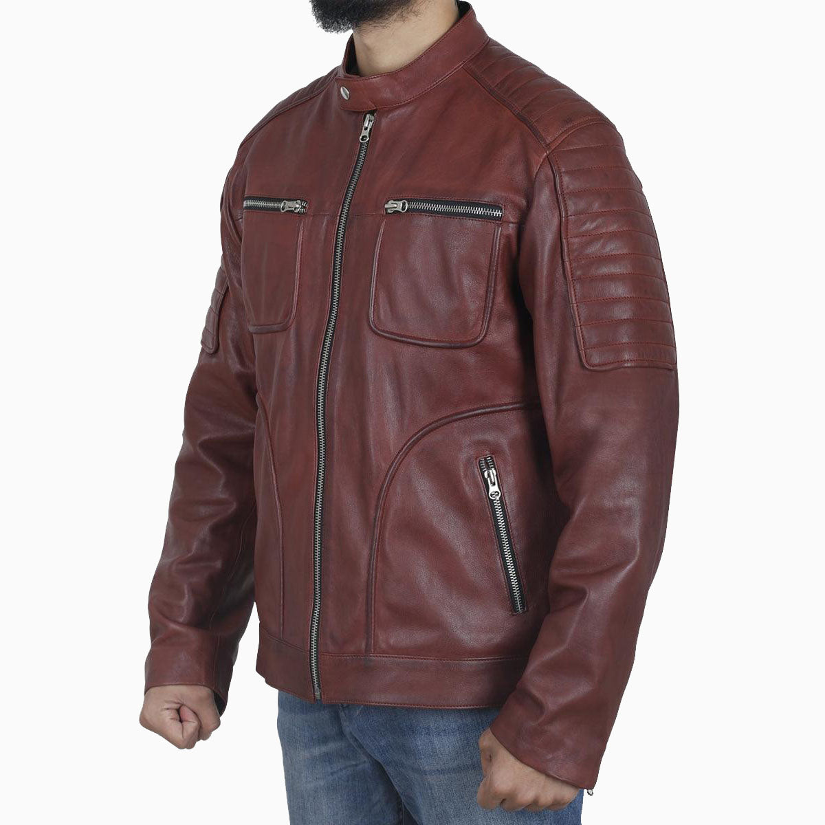 Vintage Men's Maroon Cafe Racer Leather Jacket - AMSEL LEATHERS