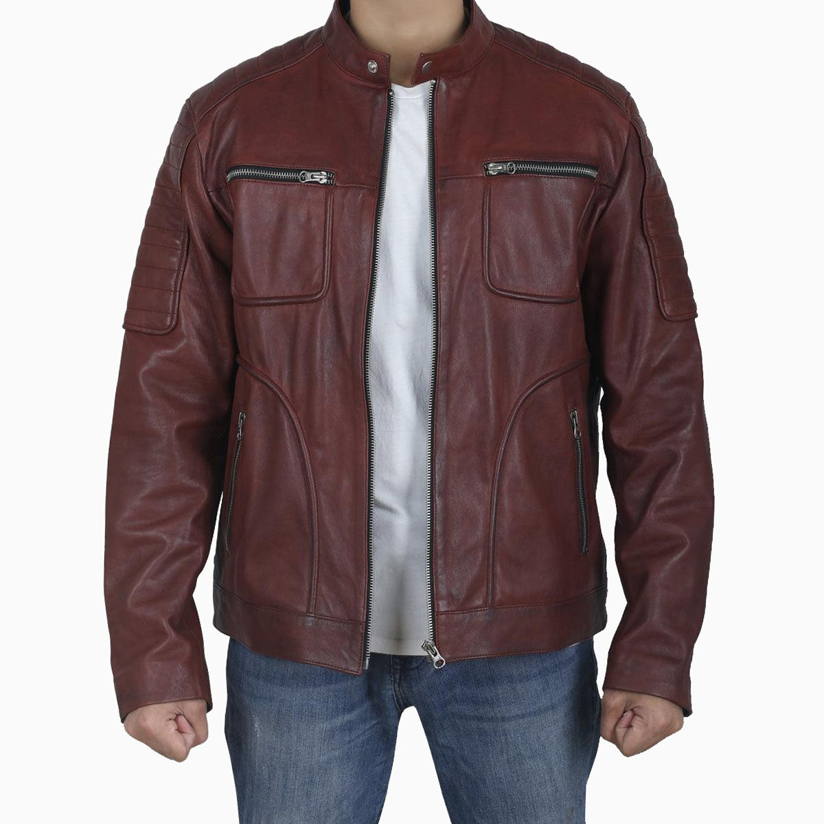 Vintage Men's Maroon Cafe Racer Leather Jacket - AMSEL LEATHERS