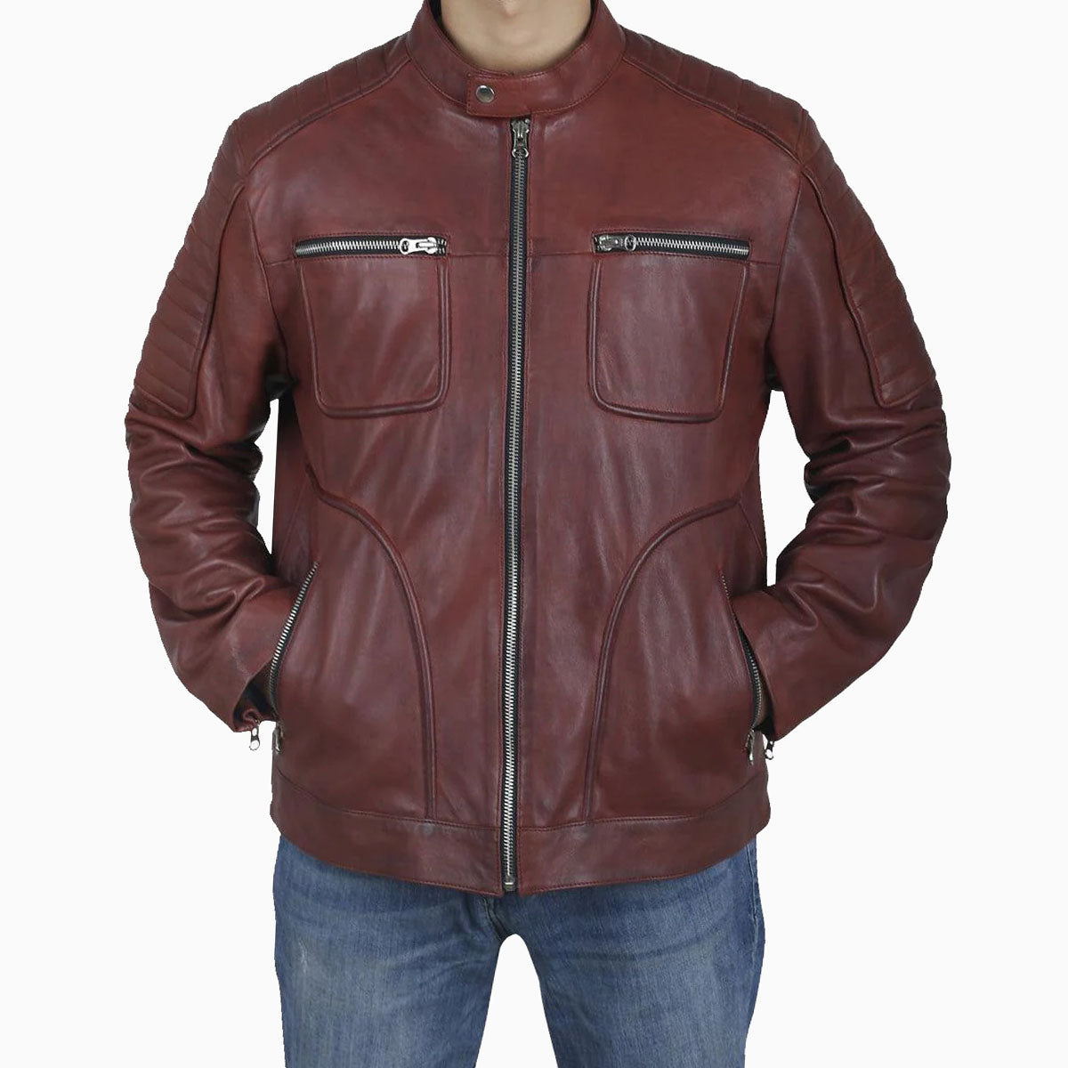 Vintage Men's Maroon Cafe Racer Leather Jacket - AMSEL LEATHERS