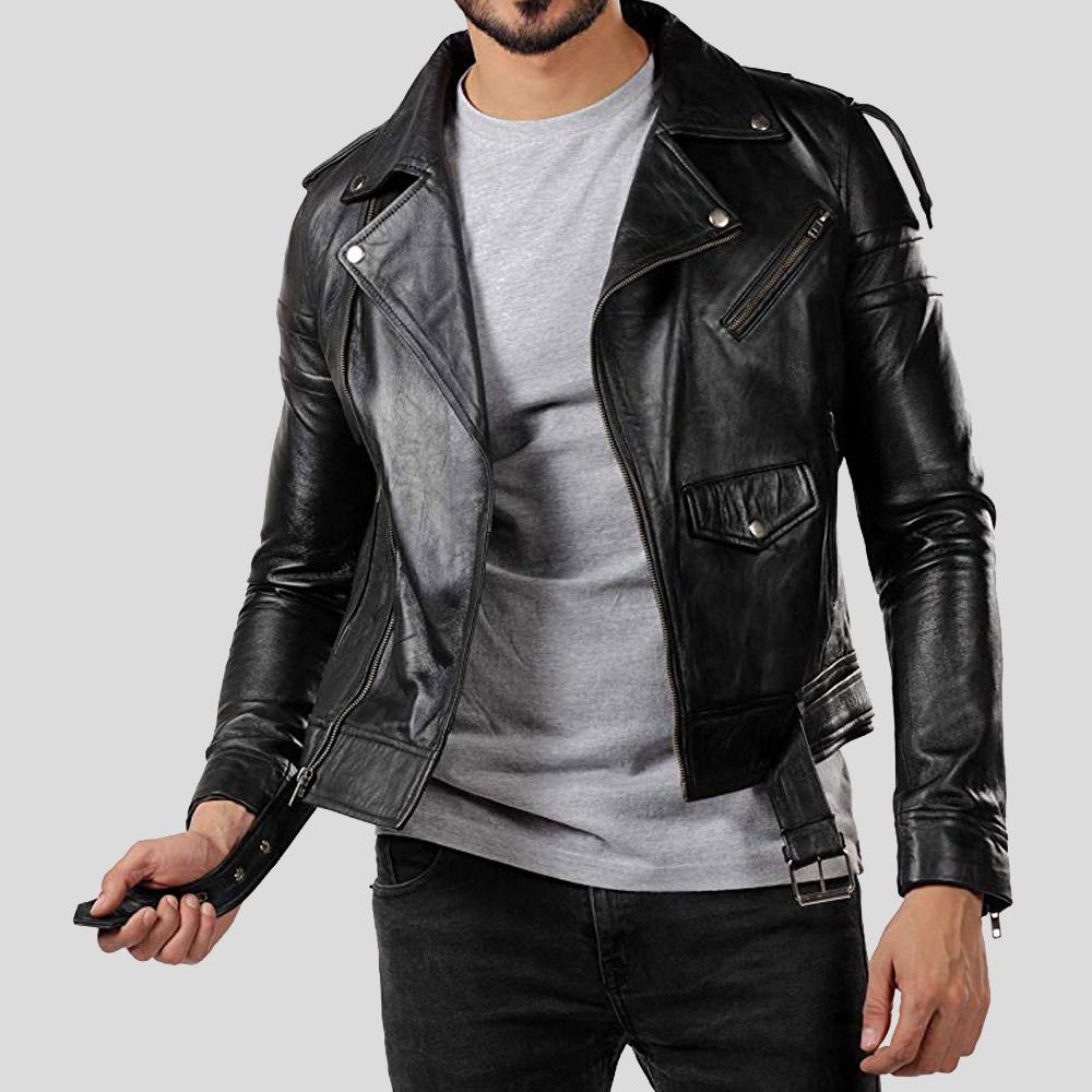 men's black lambskin leather bomber jacket elias front view