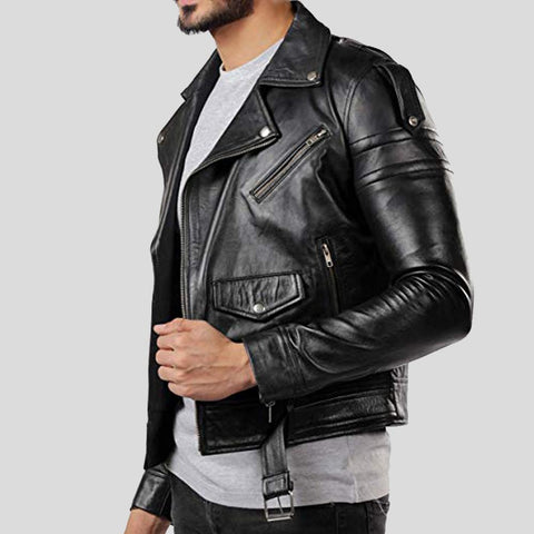 men's black lambskin leather bomber jacket elias side angle