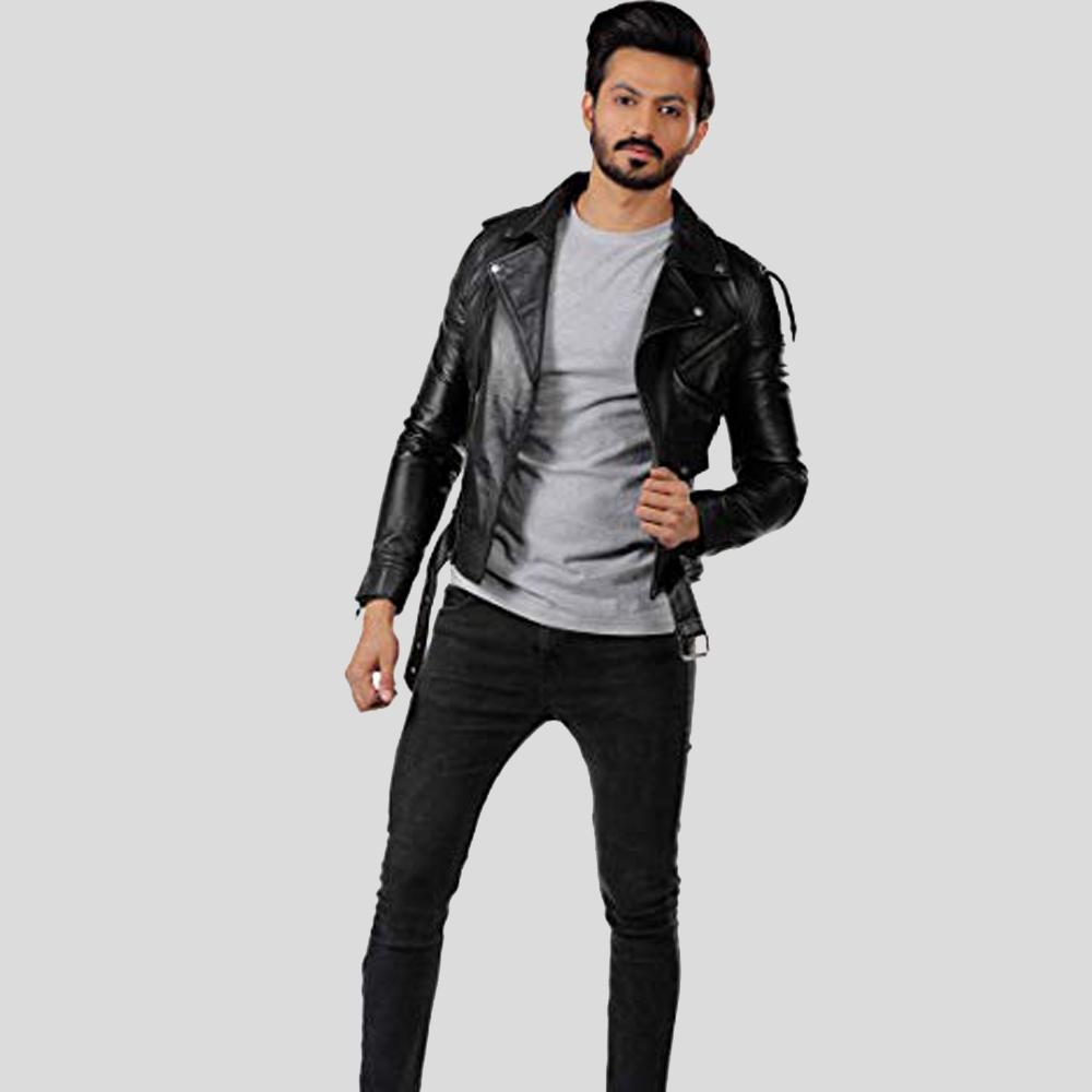 men's black lambskin leather bomber jacket elias detail close up