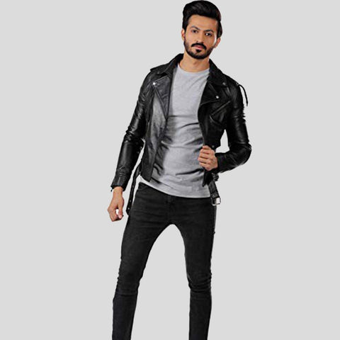 men's black lambskin leather bomber jacket elias detail close up