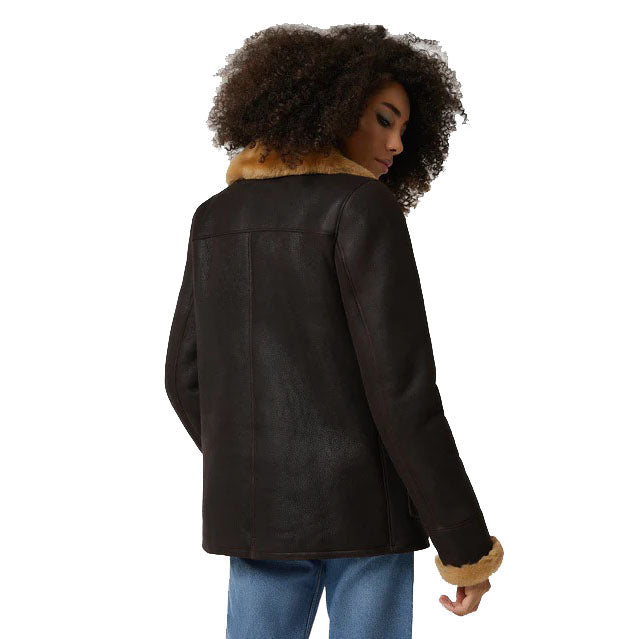 Women's Washed Brown Shearling Peacoat with Ginger Fur - AMSEL LEATHERS