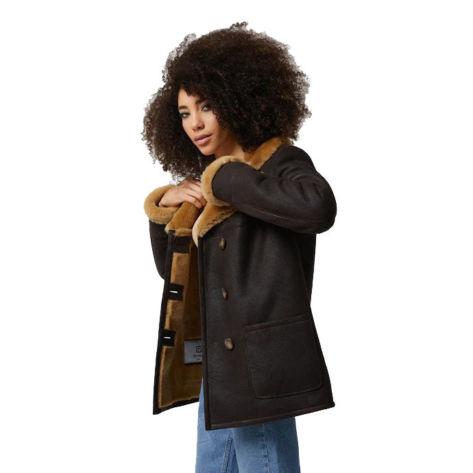 Women's Washed Brown Shearling Peacoat with Ginger Fur - AMSEL LEATHERS