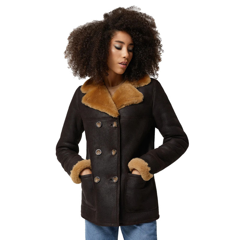 Women's Washed Brown Shearling Peacoat with Ginger Fur - AMSEL LEATHERS