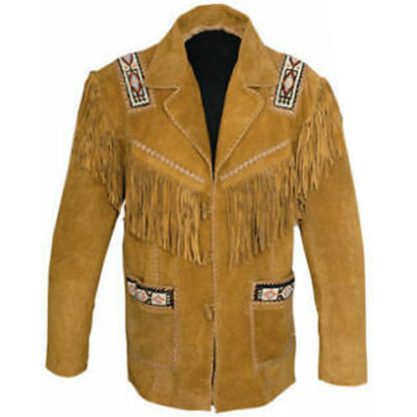 Western Men's Cow-boy Fringed and Beaded Suede Leather Coat - AMSEL LEATHERS