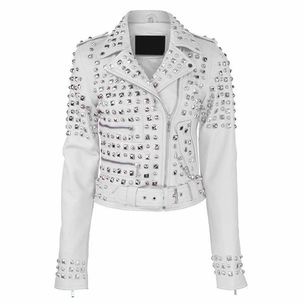 Women Studded Brando Motorcycle Genuine Leather Jacket - AMSEL LEATHERS