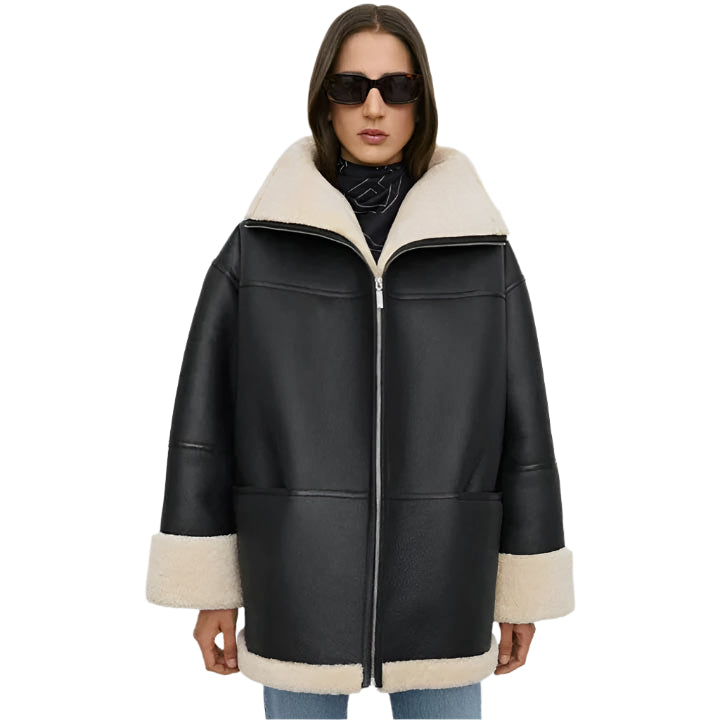 Women Black Aviator Fur Flight B3 Sheepskin RAF Shearling Leather Jacket - AMSEL LEATHERS